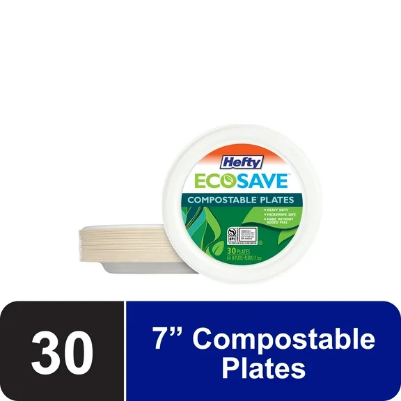 Hefty ECOSAVE Compostable Paper Plates, 6 3/4 inch, 30 Count