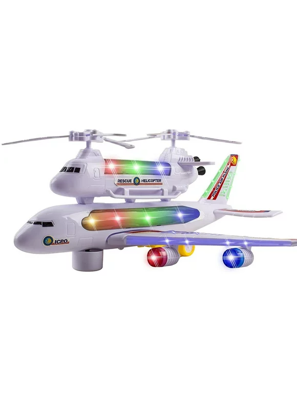 Joyabit Kids Airplane Toy with Attached Rescue Helicopter, 4D Lights and Sounds for Kids