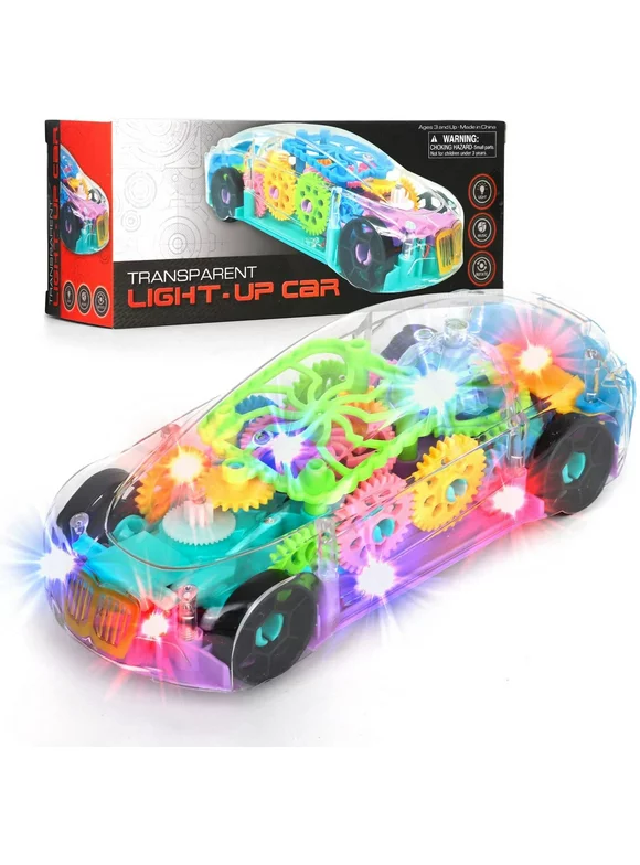 JoyABit Light up Transparent Toy Car for Kids - 8 Battery Operated Mechanical Colorful Race Car W Batteries included