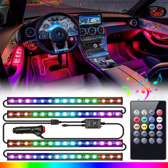 Car Interior LED Light Strip, 4PCS 48LED RGB Car Interior Atmosphere Neon Lights Strip Music Sound-Reactive LED Multi-Color Car Interior Lights, Customize with 24-Keys IR Remote Control