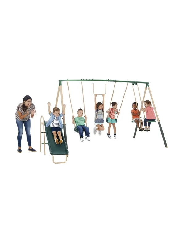 XDP Recreation Central Park Metal Swing Set with 2 Swing Seats, Trapeze Bar, Fun Glider for 2, & Wave Slide