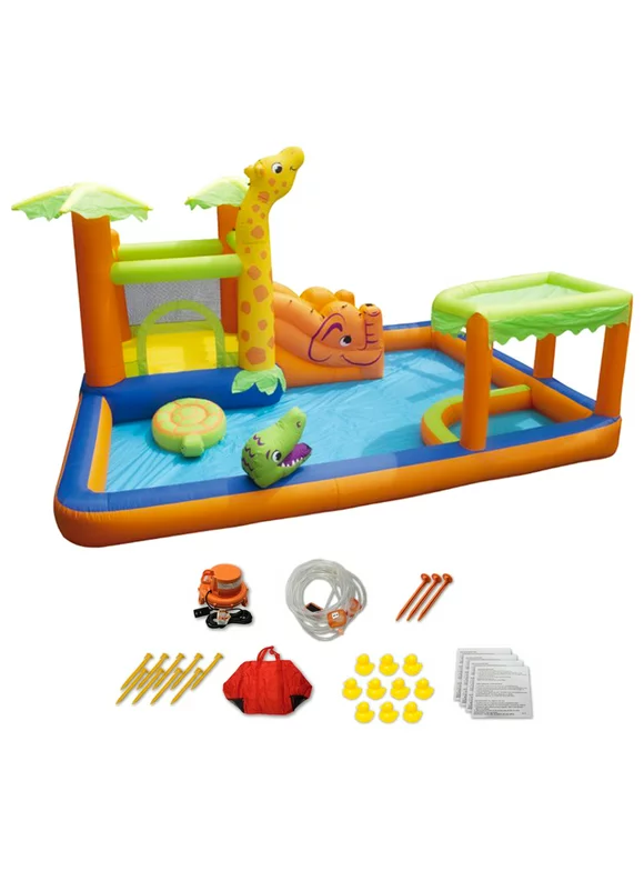 Banzai Safari Splash Water Park Inflatable Bouncer with Cannon and Blower