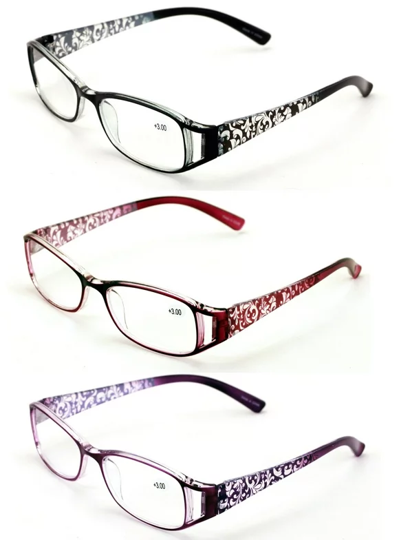 V.W.E. Womens Rectangular Reading Glasses, Black/Maroon/Purple, 3 Pair