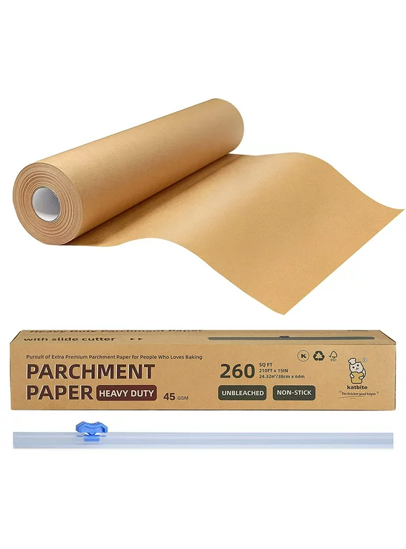Katbite Unbleached Parchment Paper Roll for Baking, 15 in x 210 ft, 260 Sq.Ft,Brown