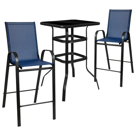 Flash Furniture Brazos Outdoor Dining Set - 2-Person Bistro Set - Brazos Outdoor Glass Bar Table with Navy All-Weather Patio Stools