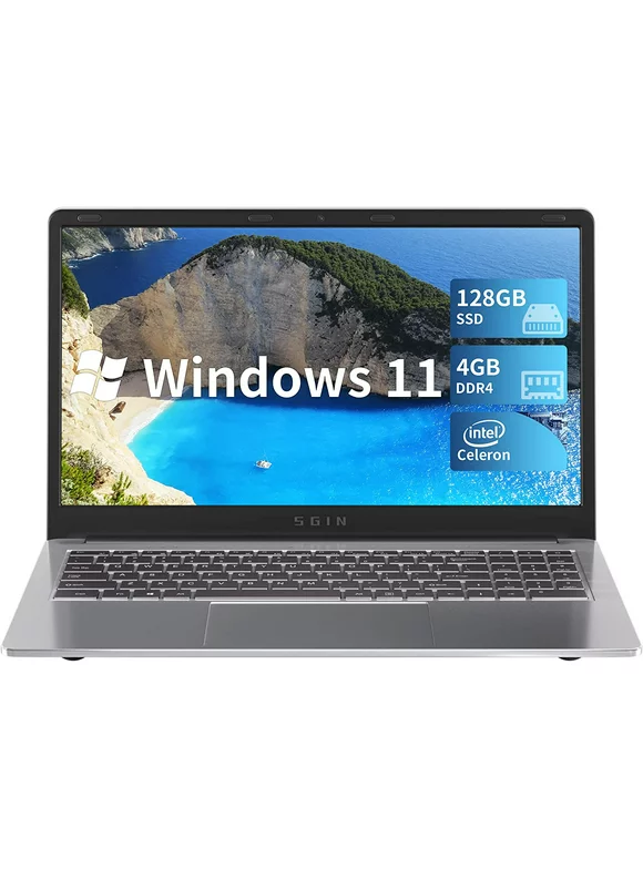 SGIN 15.6inch Laptop 4GB DDR4 128GB SSD Windows 11 Laptop Computer with Quad Core Intel Celeron up to 2.8GHz Full HD 1920x1080 Laptops Computer