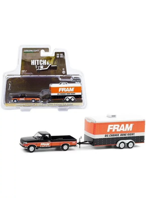 1994 Ford F-150 XLT Pickup Truck Black and Orange with Enclosed Car Hauler FRAM Oil Filters Hitch & Tow Series 21 1/64 Diecast Model Car by Greenlight