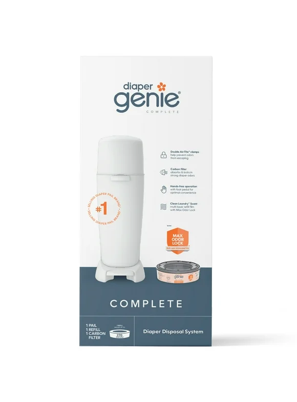 Diaper Genie Complete Diaper Pail (White) with Antimicrobial Odor Control, Includes 1 Diaper Trash Can, 1 Refill Bags, 1 Carbon Filter