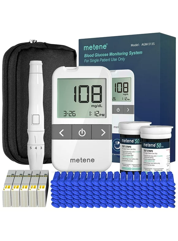 Metene AGM-513S Blood Glucose Monitor Kit,100 Test Papers, 100 Lancets, 1 Blood Sugar Monitor