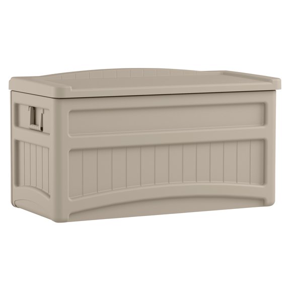 Suncast 73 Gallon Resin Deck Box with Seat, Light Taupe