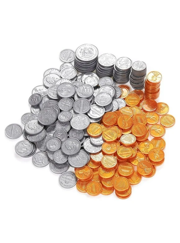 Pack of 250 Play Coin Set - Includes 10 Half-Dollars, 40 Quarters, 50 Dimes, 50 Nickels, 100 Pennies Fake Plastic Coins - Pretend Money - Great Teaching Tool, Prop, Kids Toy, 0.98 Inches in Diameter
