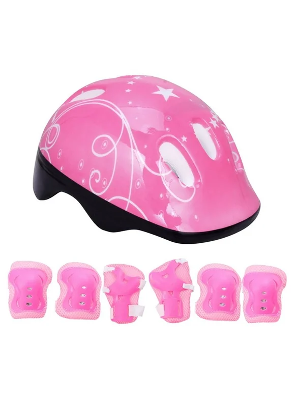 Pixnor 7 Pieces in 1 Set Pink Adjustable Skating Helmet Kits Outdoor Protector Skateboard Gear Knee Pad Elbow Pads Balance Car Protective Pads for Kids