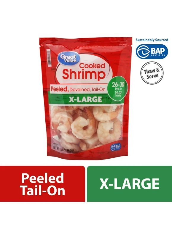Great Value Frozen Cooked Extra Large Peeled & Deveined, Tail-on Shrimp, 12 oz (26-30 Count per lb)