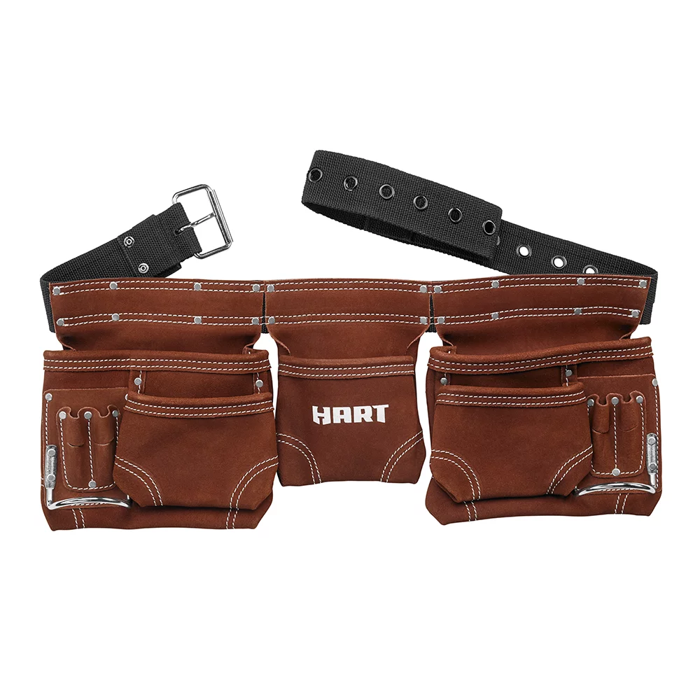 HART 11-Pocket Double-Stitched Suede Brown Leather Tool Belt up to 52-inch Waist