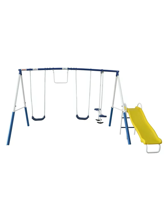 XDP Recreation Play All Day Metal Swing Set with Fun Glider, Bench Swing Seats, Trapeze, Wave Slide