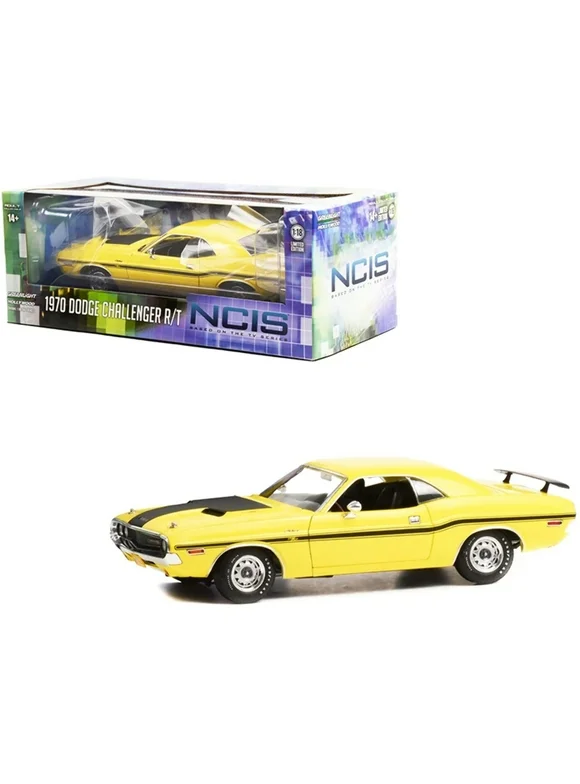 Greenlight  1-18 Scale NCIS TV Series Stripes 1970 Dodge Challenger Diecast Model Car, Yellow & Matt Black