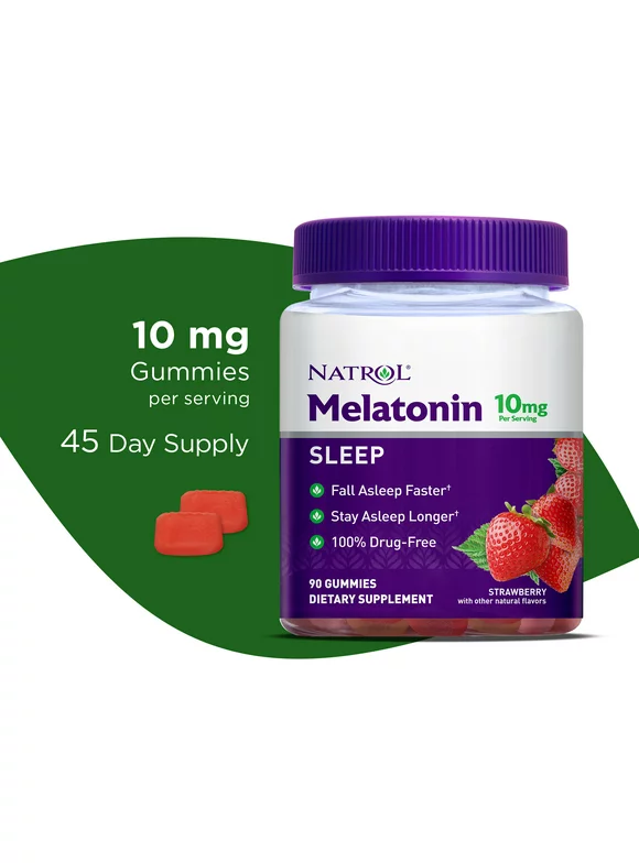 Natrol Melatonin Sleep Aid Gummies, Fall Asleep Faster, Strawberry, 10mg, 90 Count