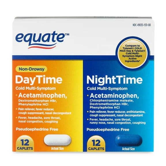 Equate Non-Drowsy Daytime and Nighttime Multi-Symptom Cold Caplets, 24 Count