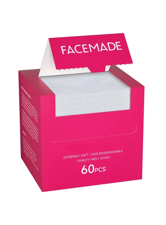 FACEMADE Clean Towels 60 Ct - Size 11.5" x 11.1", Disposable Face Towelette, Makeup Remover Wipes, Facial Washcloth, Multi-Purpose Cotton Tissues for Personal Care