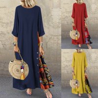 Women´s Boho Floral Long Sleeve Retro Baggy Casual Cotton Linen Long Maxi Dress Stitching Kaftan Sundress Loose Plus Size