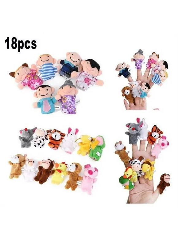 18pcs Educational Toys Finger Puppets Story Time Finger Puppets 12 Animals & 6 People Family Members Play House Accessories