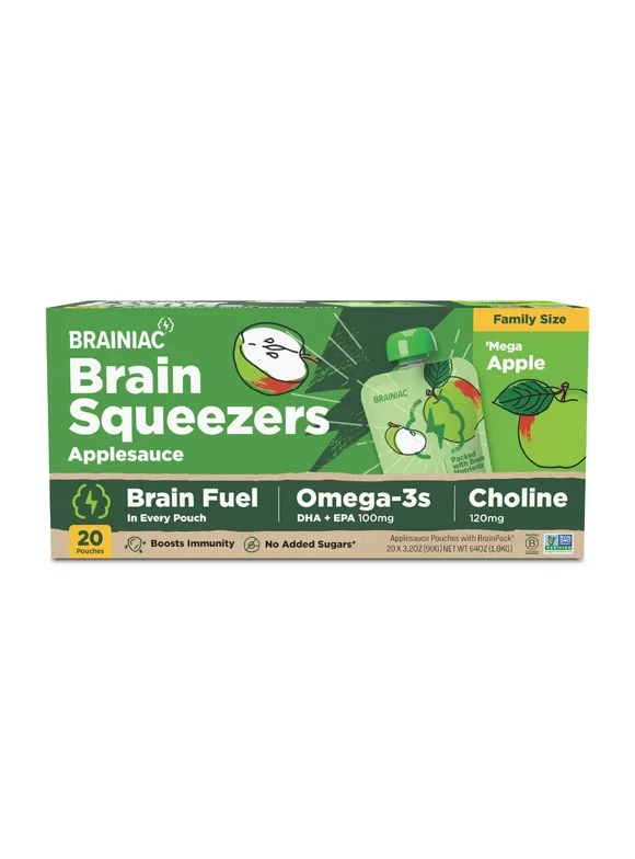 Brainiac Brain Squeezers Applesauce with Omega-3s, Apple, No Sugar Added, 3.2 oz, 20 Ct