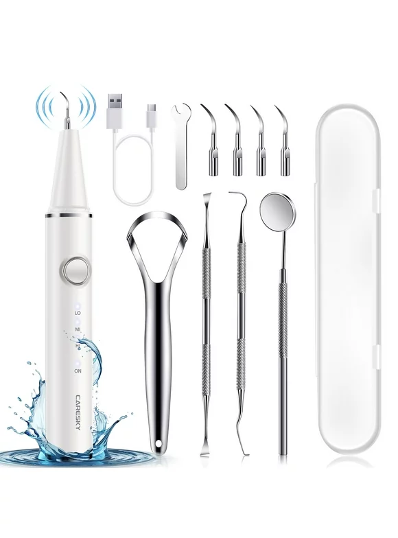 CARESKY Dental Plaque Remover for Teeth, Tartar Remover with Individual LED Lights, Electric Teeth Cleaning Kit with 4 Replaceable Heads, Household Dental Care Tools for Adults and Kids