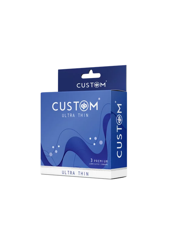 CUSTOM Ultra Thin (18 Condoms), Natural Feel Premium Lubricated Latex - 6 Packs of 3 Count