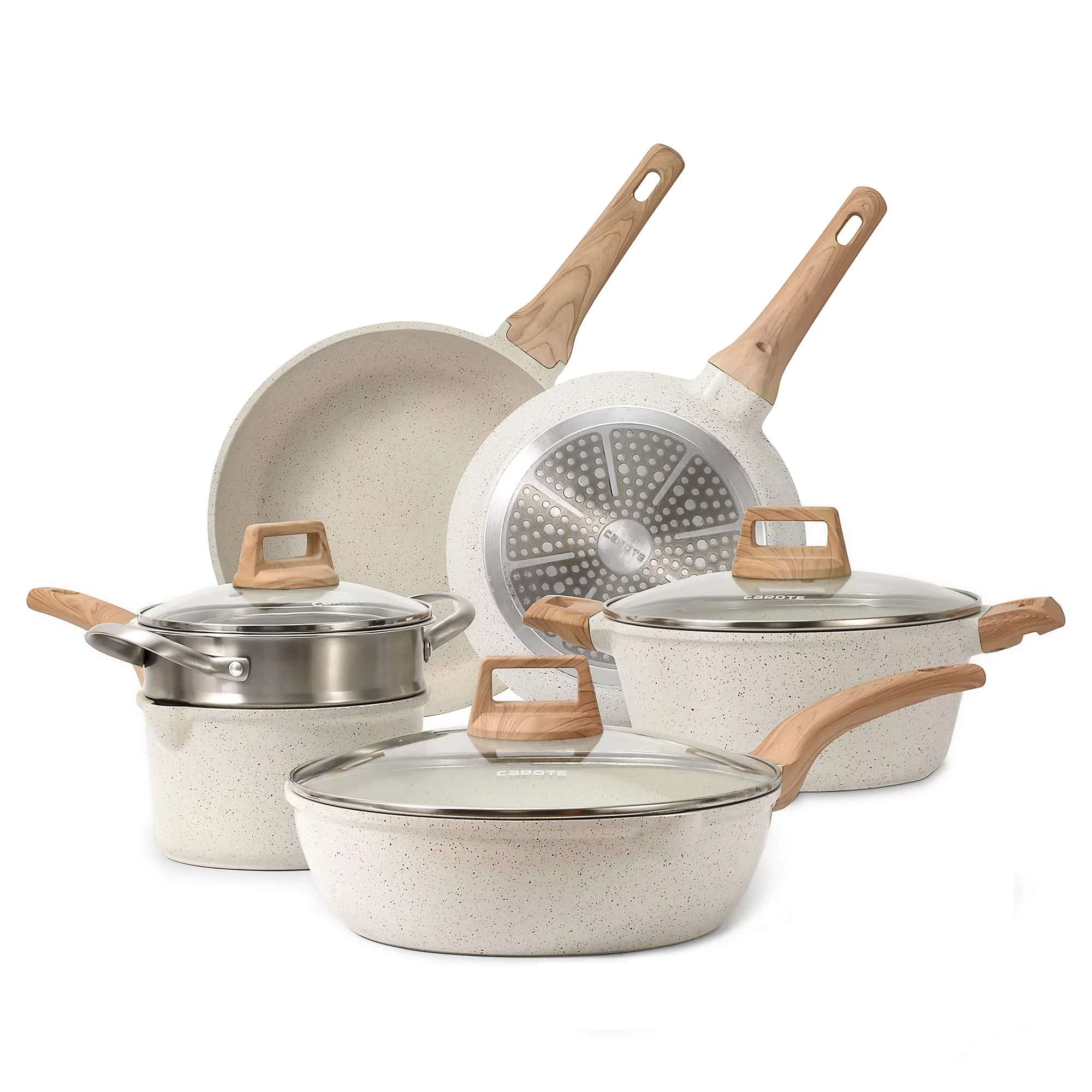 Carote Nonstick Pots and Pans Set, 8 Pcs Induction Kitchen Cookware Sets (Beige Granite)