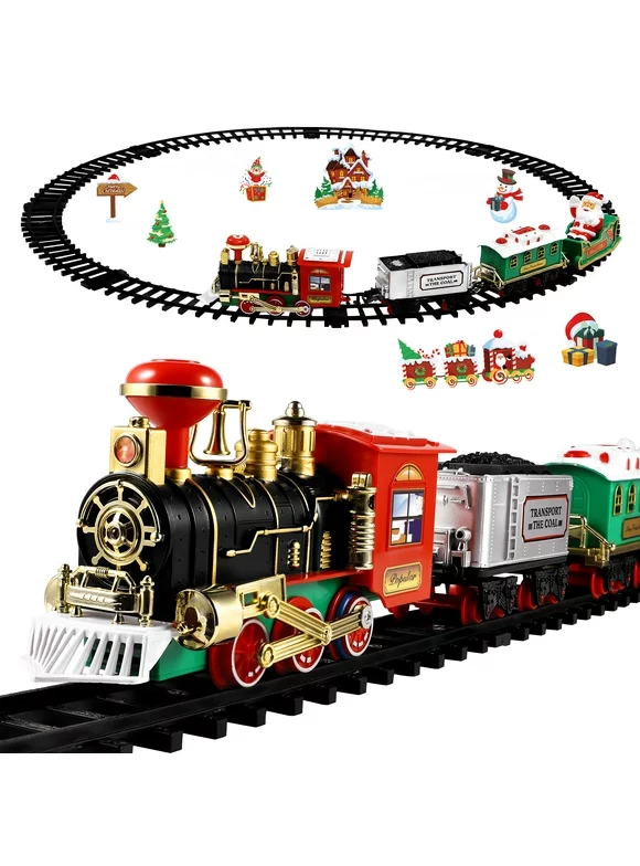 Christmas Train Set for Under the Tree with Lights&Sounds, Holiday Train Around Christmas Tree w/Large Tracks for Kids