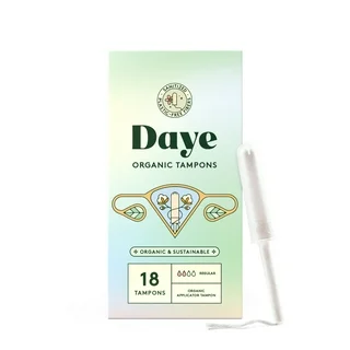 Daye Organic Tampons with Sugarcane Applicator, No-Shed Sleeve, Ocean-Safe Flushable Wrapper, 100% Organic Cotton, Regular Absorbency, 18 Count