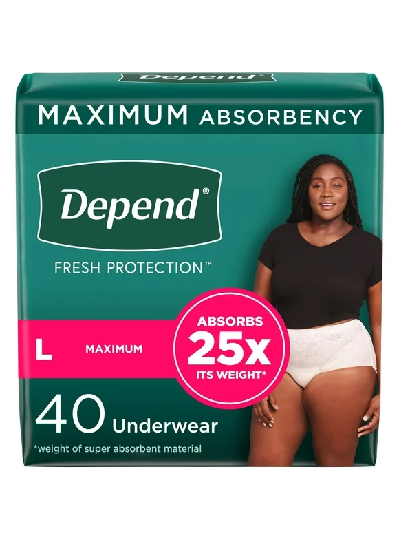 Depend Fresh Protection Women's Incontinence & Postpartum Bladder Leak Underwear, L, 40 Count