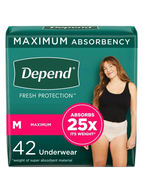 Depend Fresh Protection Women's Incontinence & Postpartum Bladder Leak Underwear, M, 42 Count