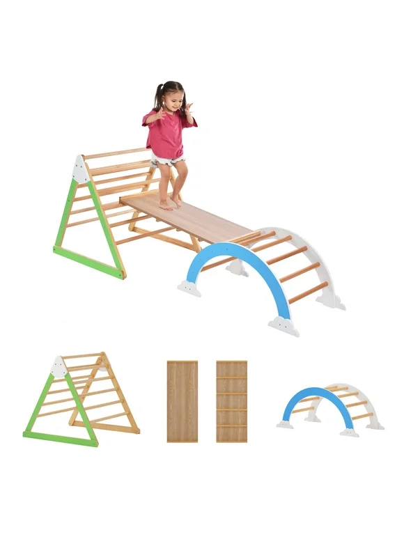 EUROCO  Colorful  Climbing Toys for Toddlers,  Reversible Multifunction Toddler Climbing Toys Indoor, Montessori Climbing Set with Ramp and Arch Toy Rocker, Solid Wood  Toys for Toddlers