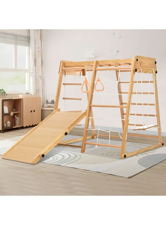 EUROCO Jungle Gym,8-in-1 Toddler Climbing Toys,Indoor Playground Climbing Toys for Toddlers, Solid wood  Playground Sets for Backyards with Slide, Climbing Wall, Rope Wall Climber, Monkey Bars, Swing