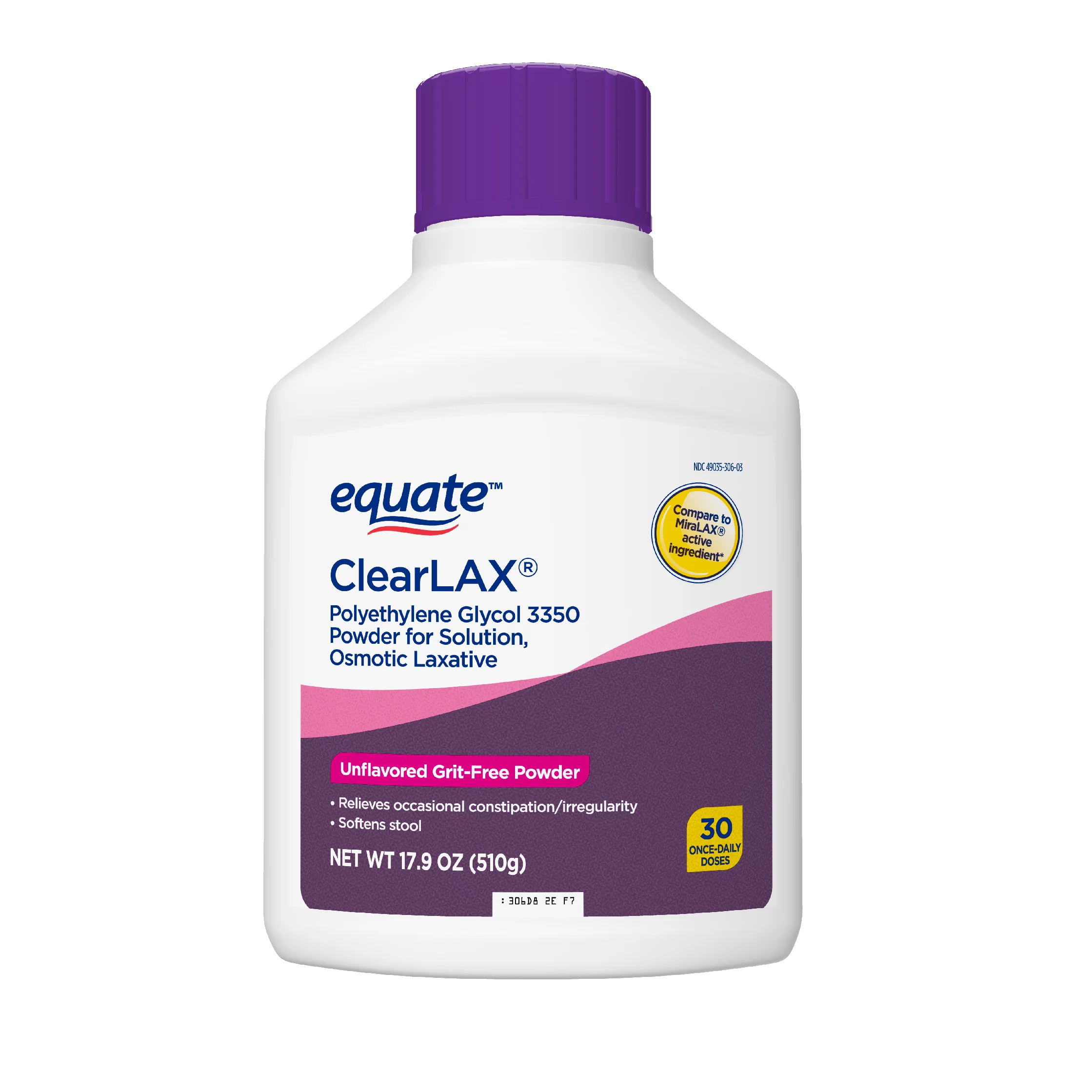 Equate ClearLax Polyethylene Glycol 3350 Powder for Solution, Unflavored, 30 Doses