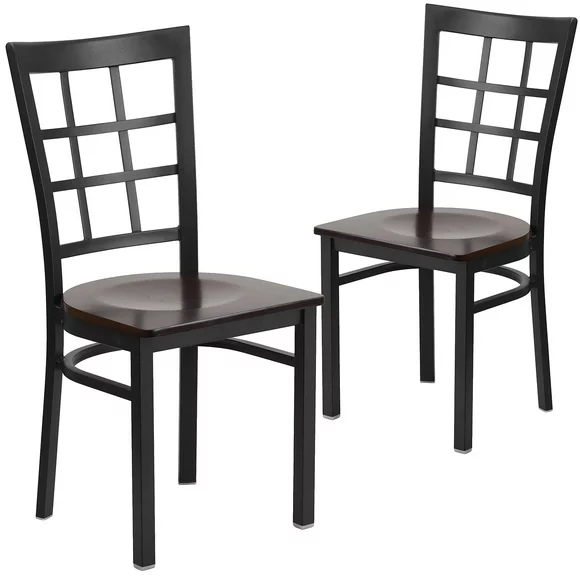 Flash Furniture 2 Pack HERCULES Series Black Window Back Metal Restaurant Chair - Walnut Wood Seat