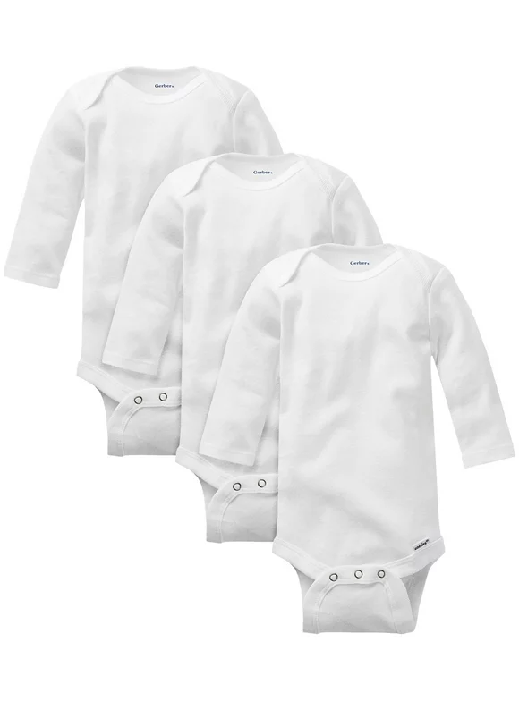 Gerber Baby Boy, Baby Girl, & Unisex Long Sleeve White Onesies Bodysuits, 3-Pack, Sizes Preemie-24M