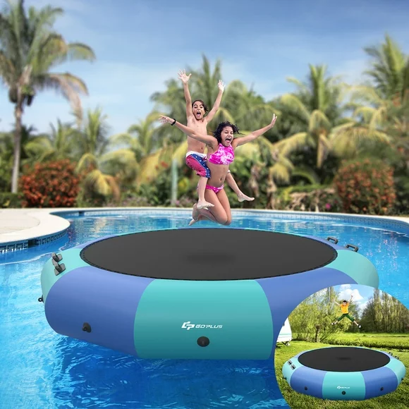 Goplus 12FT Inflatable Water Bouncer Splash Padded Water Trampoline Blue & Green