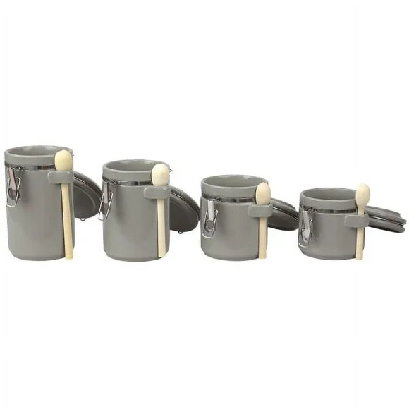 Home Basics 4 Piece Ceramic Canisters with Easy Open Air-Tight Clamp Top Lid and Wooden Spoons, Grey