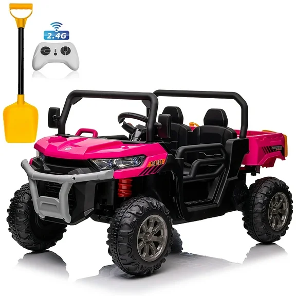 Joyracer 2 Seater 24 Volt Kids Ride on UTV with Remote Control, 2x200W Ride on Dump Truck Car, Electric Battery Powered Ride on Toy with Trailer & Shovel, Horn, MP3, Bluetooth Music Big Kids, Pink