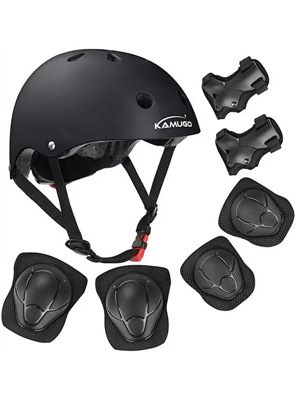 KAMUGO Helmets for Kids ，Black Helmet Knee Pads and Elbow Pads for Kids