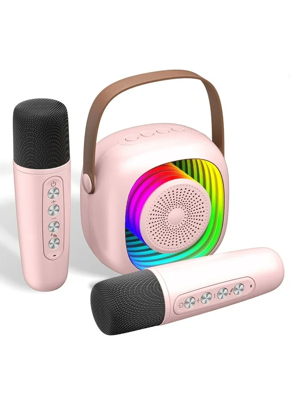 Kids Singing Karaoke Machine, Mini Portable Speaker with 2 Wireless Microphones, Bluetooth & LED Lights, Karaoke Toys Gifts for Girls 3-6 Years Christmas Birthday Party, Pink