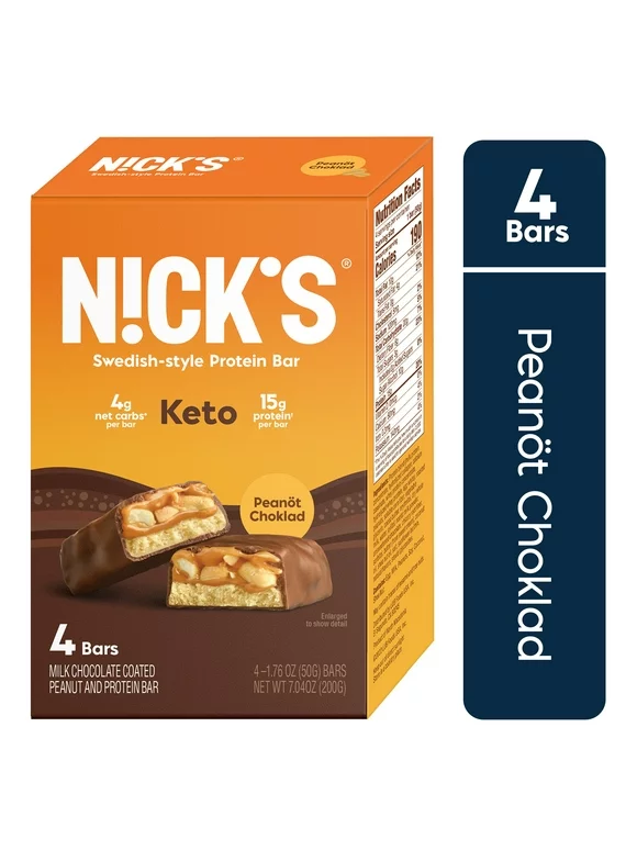 N!CK'S Peanut Chocolate Protein Keto Bar, 1.76 oz, 4 Pack