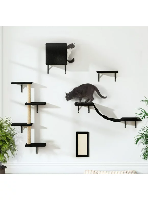 Pefilos Cat Wall Shelves and Perches Set of 5, Sleeping Playing Lounging Climbing Cat Tree House for Multiple Cats, Black