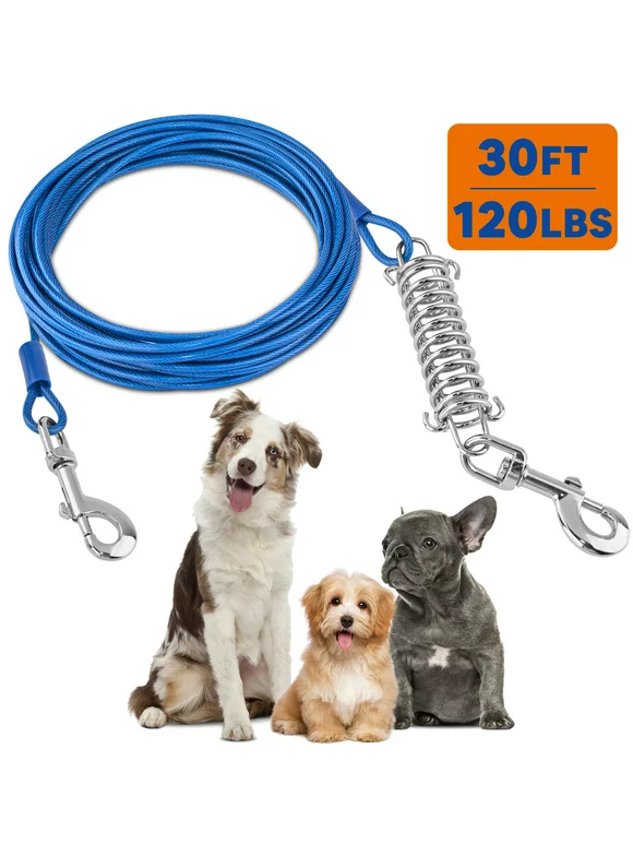 Petbobi Dog Tie Out Cable Chain 30FT for Dogs up to 150lbs Safety Steel Spring Reflective Vinyl-Covered PVC Large Dog Tether Runner Lead Leash for Outdoor Camping Ground, Blue