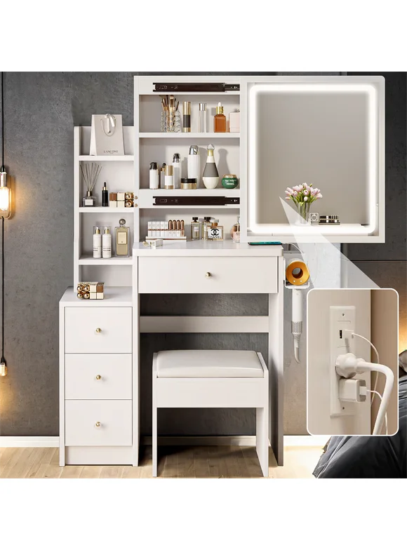 Resenkos White Makeup Vanity Desk Set with Charging Station, Lighted Mirror and Cushioned Stool, 4 Drawers Vanity Table for Bedroom