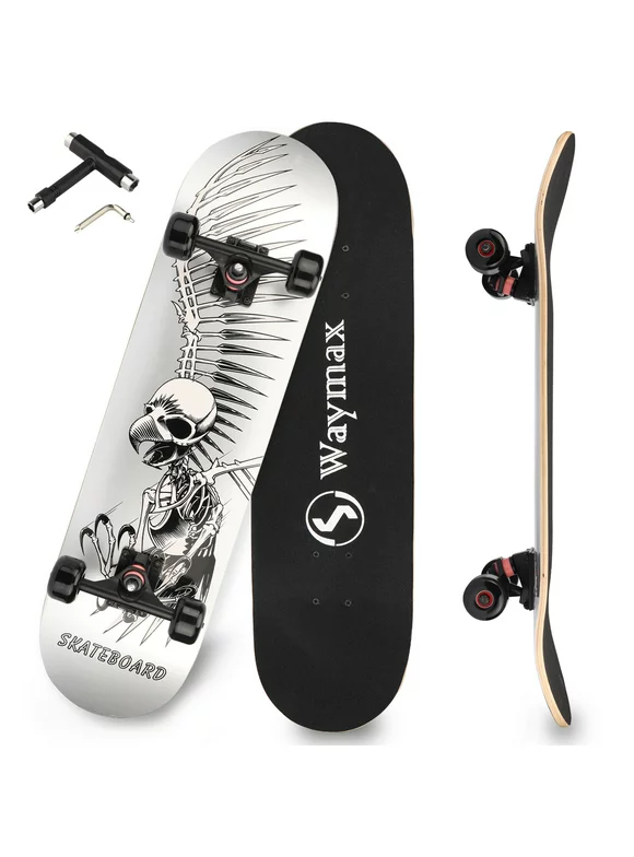 Skateboards for Beginners, 31"x8" Pro Complete Skateboard with 8 Layer Maple Double Kick Deck and ABEC-9 Bearing for Trick, Freestyle, Carving and Cruising with All-in-one T-Tool