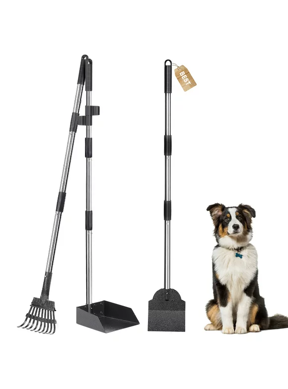Suchown Dog Pooper Scooper for Large Medium Small Dogs, 38'' Handle Metal Pooper Scooper with Metal Rake, Tray and Spade for Pet Waste, Black