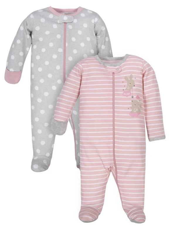 Wonder Nation Baby Girls’ Zip Front Sleep ‘N Play Pajamas, 2-Pack, Sizes Newborn-9 Months